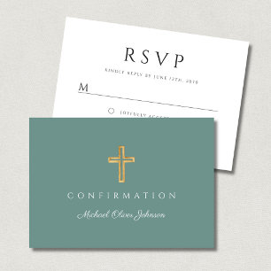 Modern Green Religious Cross Boy Confirmation RSVP Card