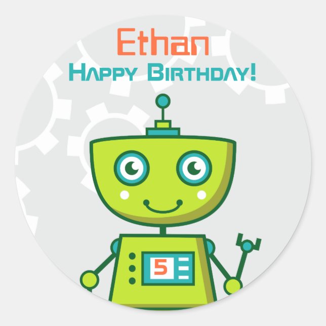 Modern Green Robot Boys Birthday Party Classic Round Sticker (Front)
