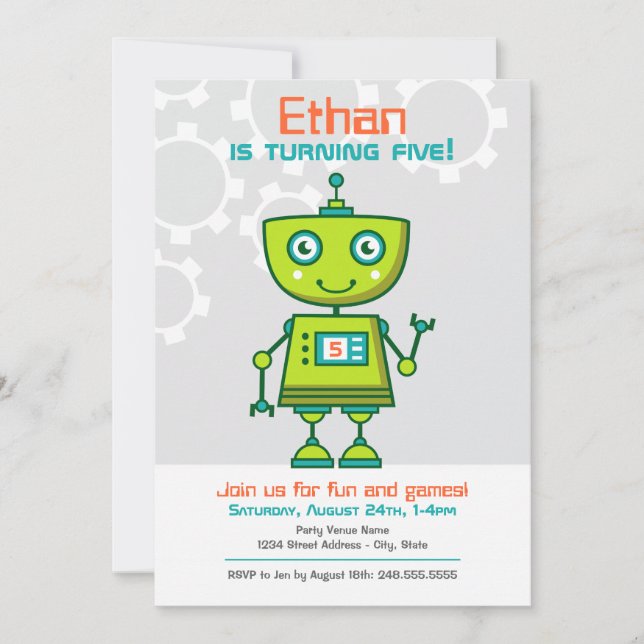 Modern Green Robot Boys Birthday Party Invitation (Front)