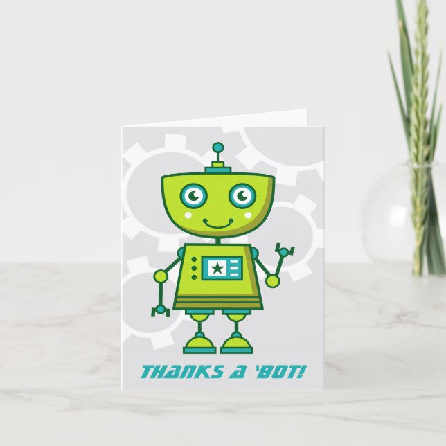 Modern Green Robot Boys Birthday Party Thank You Card (Front)