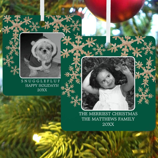 Modern Green Rustic Snowflake 2 Photo Cute Holiday Metal Tree Decoration (Create your own 2 photo Christmas ornaments in green with rustic faux wood snowflakes)