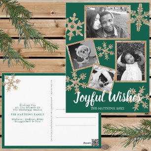 Modern Green Rustic Snowflake 4 Photo Christmas Postcard