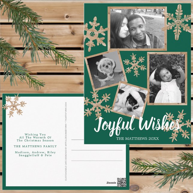 Modern Green Rustic Snowflake 4 Photo Christmas Postcard (Personalize these rustic snowflake holiday postcards for one of a kind Christmas cheer this year.)