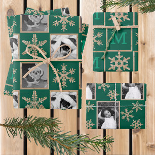Modern Green Rustic Snowflake Monogram Photo Wrapping Paper Sheet