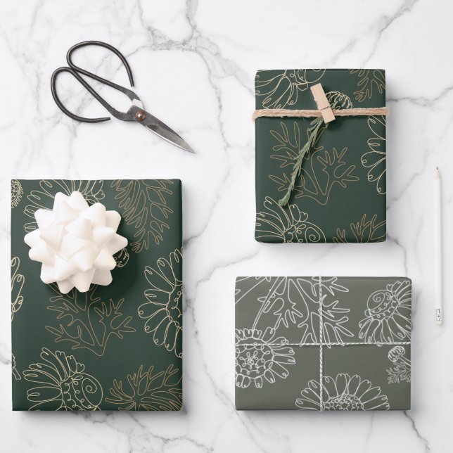 Modern green sage chamomile floral  wrapping paper sheet (Front)