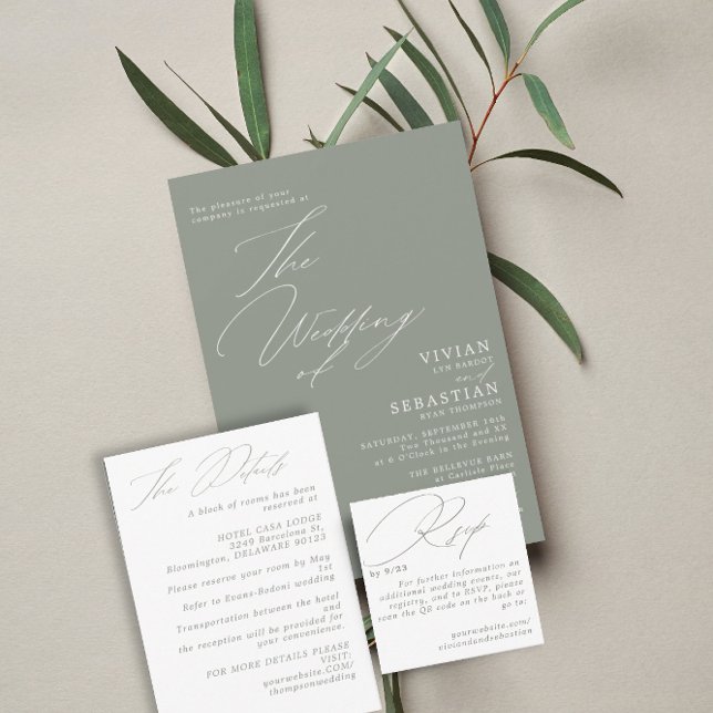 Modern Green Sage White Wedding  Invitation (Creator Uploaded)
