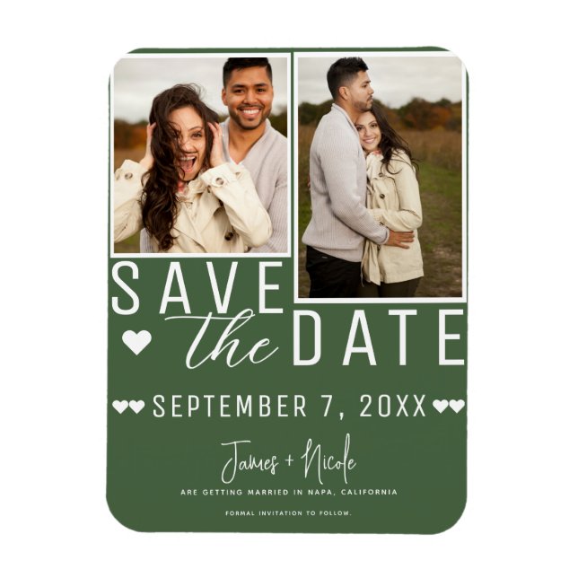 Modern Green Save the Date 2 Photo Wedding Magnet (Vertical)
