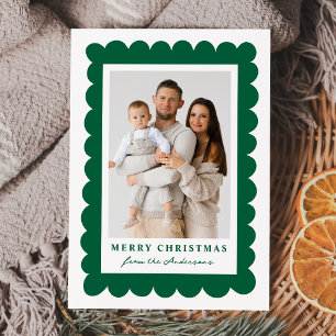 Modern Green Scalloped Frame Christmas 4 Photo Holiday Card