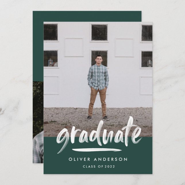 Modern green script 3 photo stylish graduation invitation (Front/Back)