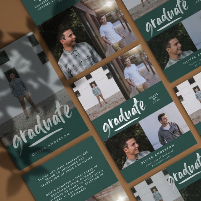 Modern green script 4 photo stylish graduation invitation (Creator Uploaded)
