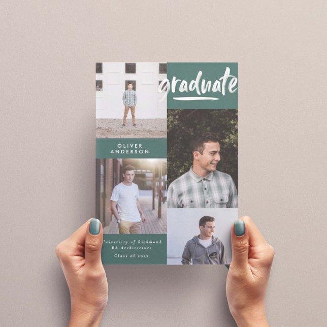 Modern green script 4 photo stylish graduation invitation (Creator Uploaded)