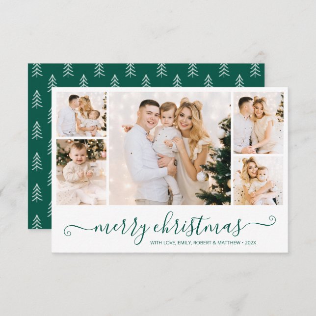 Modern Green Script 5 Photo Collage Christmas Card (Front/Back)