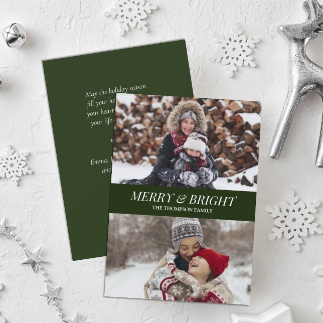 Modern Green Script Merry Bright Christmas Photo Holiday Card (Creator Uploaded)
