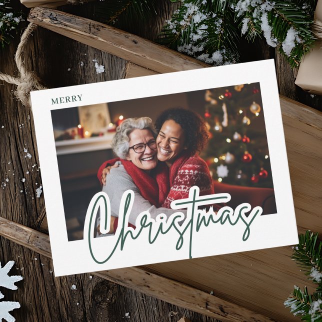 Modern Green Script Merry Christmas Photo  Postcard (Creator Uploaded)