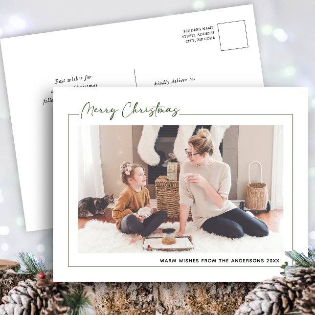Modern Green Script Minimalist Photo Christmas Holiday Postcard (Creator Uploaded)