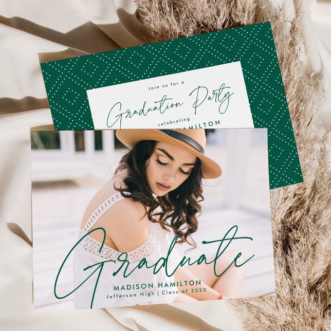 Modern Green Script Photo Graduation Party Invitation (Creator Uploaded)