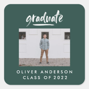 Modern green script photo graduation square sticker
