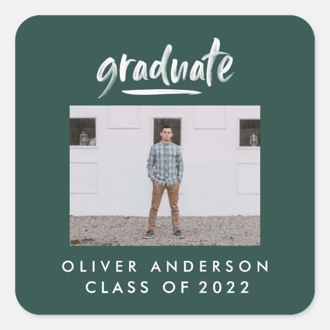 Modern green script photo graduation square sticker (Front)