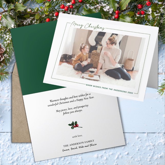 Modern Green Script Photo Minimalist Christmas Holiday Card (Creator Uploaded)