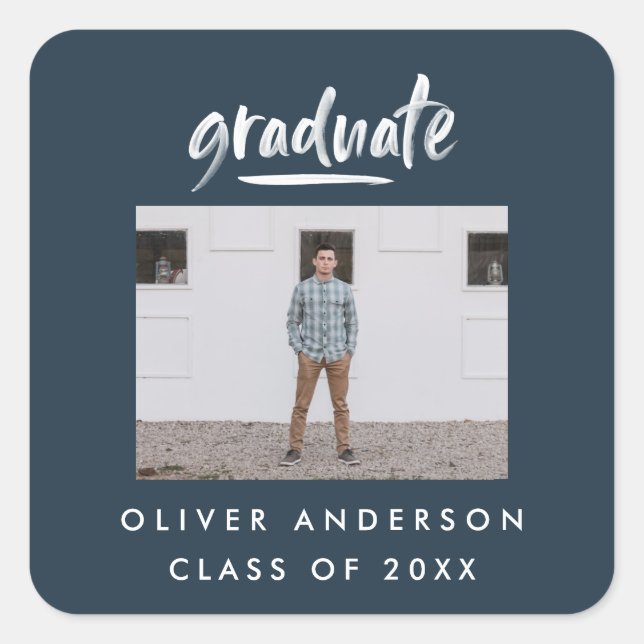 Modern green script photo navy blue graduation rec square sticker (Front)