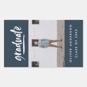 Modern green script photo navy blue graduation rectangular sticker