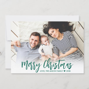 Modern Green Script Simple 2 Photo Christmas  Holiday Card