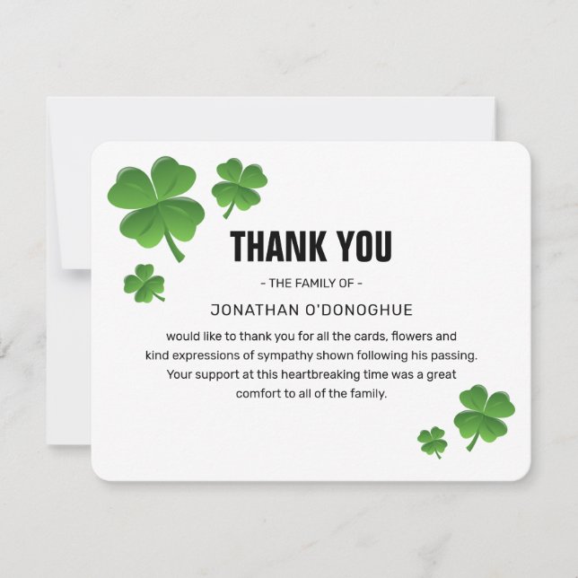 Modern Green Shamrock Clover Bereavement Funeral Thank You Card (Front)