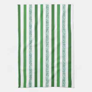 Modern Green & Silver Glitter Stripes Tea Towel