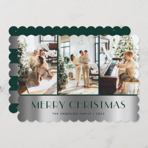 Modern Green Silver Photo Merry Christmas Card
