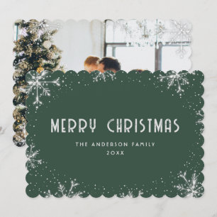 Modern Green Silver Snowflake Photo Christmas Card