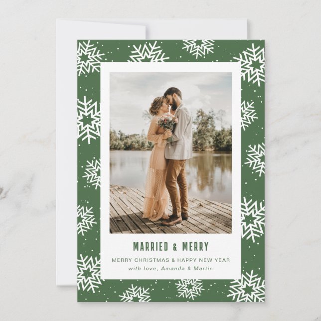 Modern Green Snowflake Photo Newlywed Holiday Card (Front)