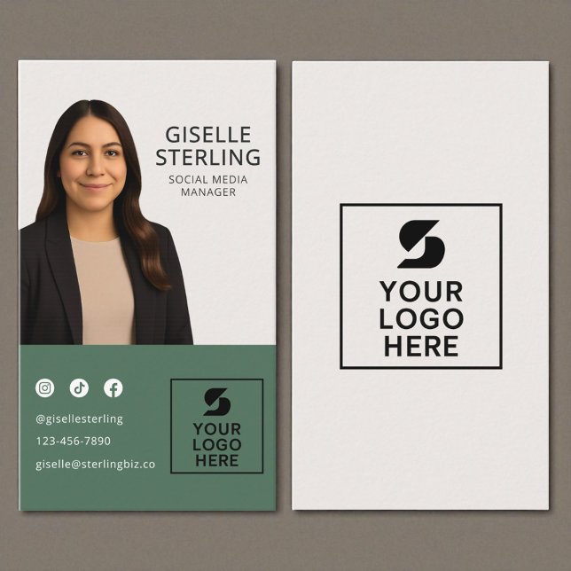 Modern Green Social Media Manager Photo Logo Business Card (Creator Uploaded)