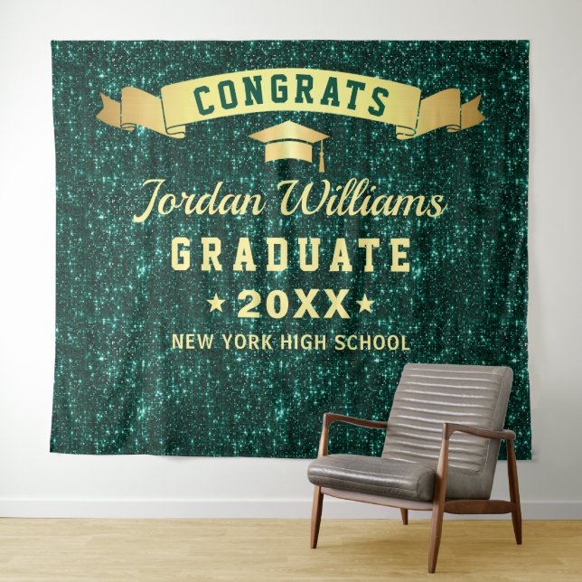 Modern Green Sparkle Graduation Photo Backdrop Tapestry (In Situ (Horizontal))