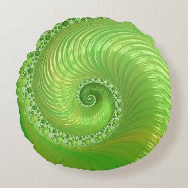 Modern Green Spiral Fractal Round Cushion (Front)