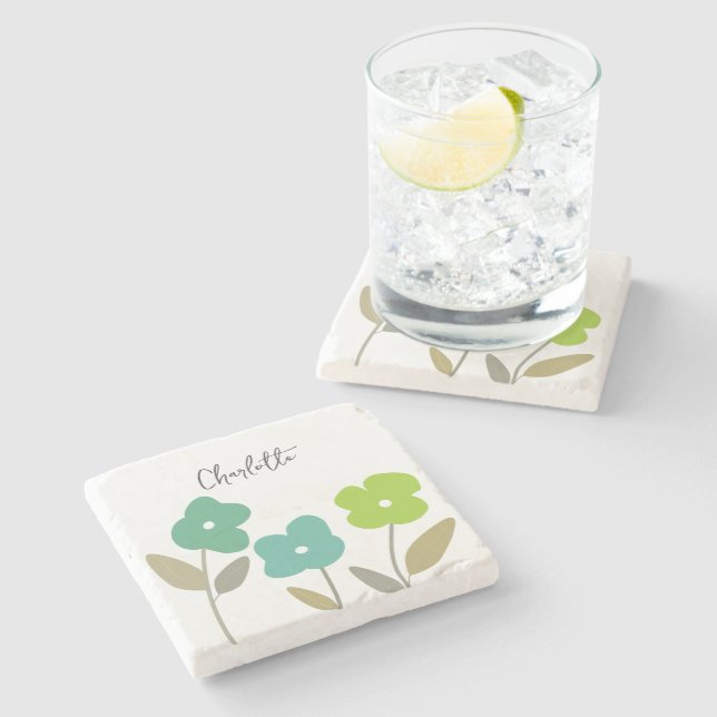 Modern Green  Spring Floral Blooms Custom Name Stone Coaster (Side)