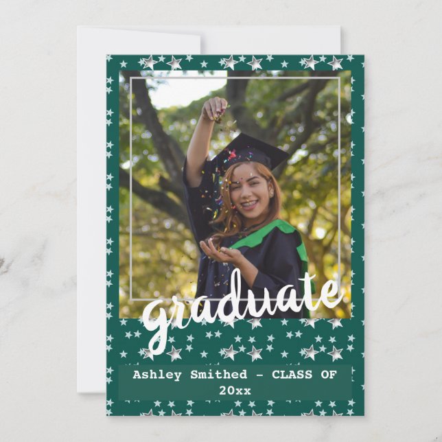 Modern Green Stars Photo Frame Graduation Invitati Invitation (Front)