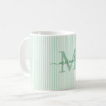 Modern Green Stripe Monogram Name Coffee Mug<br><div class="desc">Start your morning in style with this personalised green striped coffee mug, designed to bring timeless charm to every sip. Featuring a soft green and white striped background, this elegant mug is customised with your monogram initial and full name in a graceful script font—creating a feminine, refined look that feels...</div>