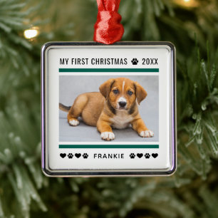Modern Green Stripe Puppy First Christmas Photo Metal Ornament