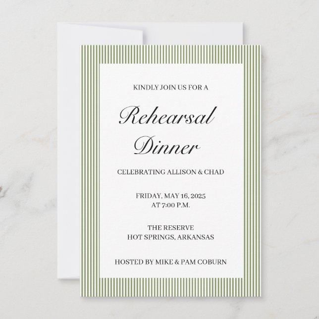 Modern Green Stripe Rehearsal Dinner Invitation (Front)