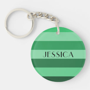 Modern Green Striped Name Key Ring