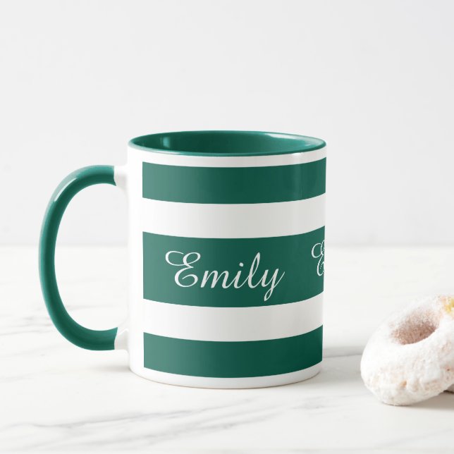 Modern Green Striped Pattern Name Mug (With Donut)