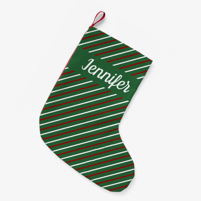 Modern Green Striped Pattern Name  Small Christmas Stocking (Front (Hanging))