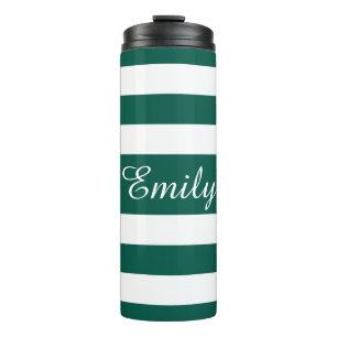 Modern Green Striped Script Name Thermal Tumbler