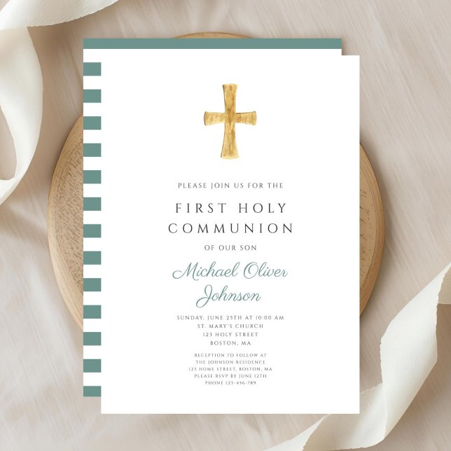 Modern Green Stripes Cross Boy First Communion Invitation (Modern Green Stripes Cross Boy First Communion Invitation)