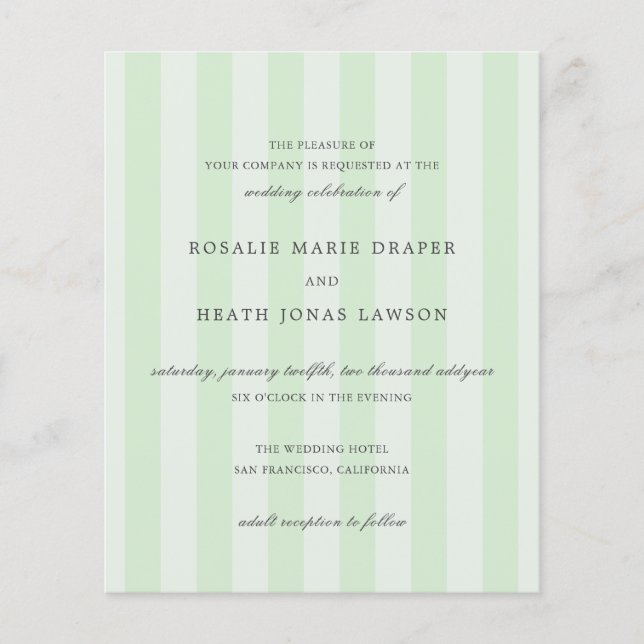 Modern Green Stripes Elegant Budget Wedding Invite Flyer (Front)