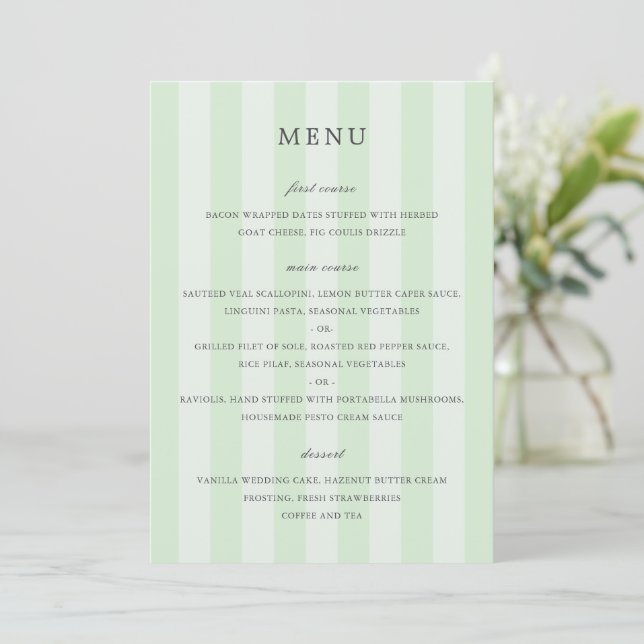 Modern Green Stripes Elegant Wedding Menu (Standing Front)