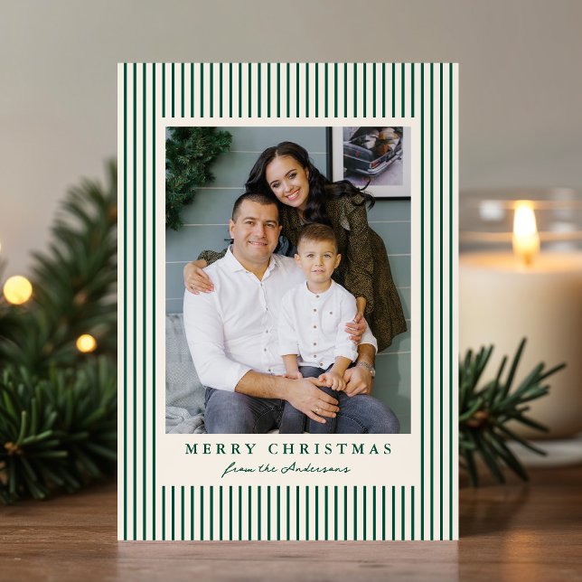 Modern Green Stripes Merry Christmas 2 Photo Holiday Card (Creator Uploaded)