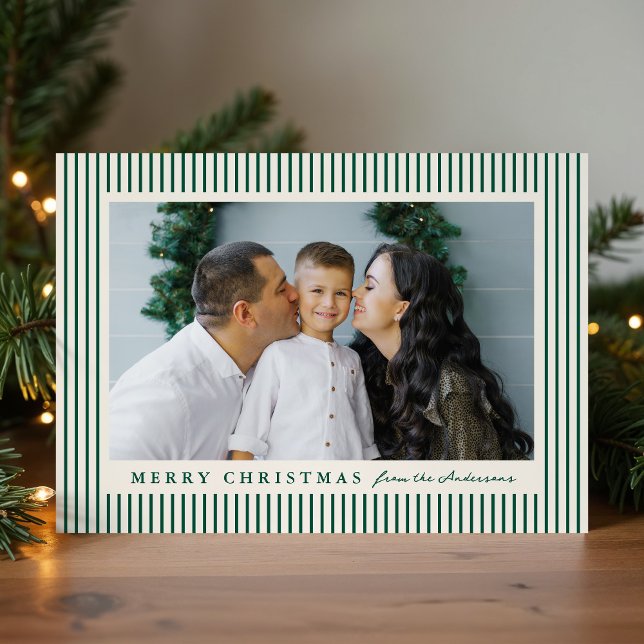 Modern Green Stripes Merry Christmas 2 Photo Holiday Card (Creator Uploaded)