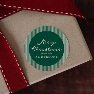 Modern Green Stripes Merry Christmas Classic Round Sticker