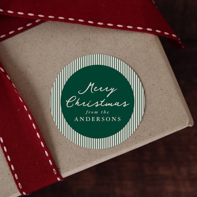 Modern Green Stripes Merry Christmas Classic Round Sticker (Creator Uploaded)